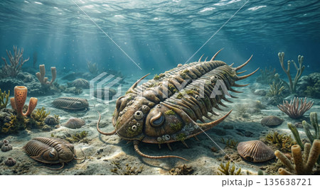 古生代の海の支配者 三葉虫（トリロバイト）の3DCGイラスト 恐竜以前の
