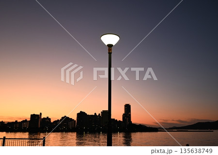 外灯と海岸の夜景風景 135638749