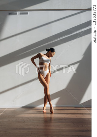 In the sunlight, standing. Beautiful young woman with slim body type is indoors 135638773