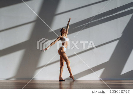 Daylight goes into the room. Beautiful young woman with slim body type is indoors Daylight goes into the room. Beautiful young woman with slim body type is indoors 135638797