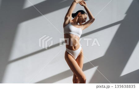 Enjoying the sunlight, standing and posing. Beautiful young woman with slim body type is indoors 135638835