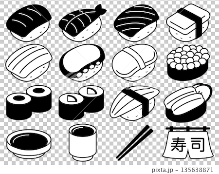 寿司のアイコン16種セット　モノトーン 135638871