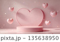 Pink podium and heart backdrop with balloons and confetti for love and celebration 135638950