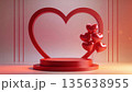 Red heart shaped frame with a product display podium and heart balloons for romantic themes 135638955