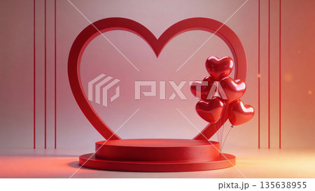 Red heart shaped frame with a product display podium and heart balloons for romantic themes 135638955