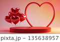Red podium with heart shaped frame and balloons presenting romantic love concept 135638957