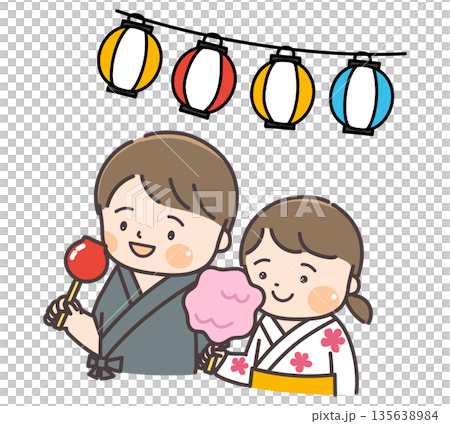 提灯の下でりんご飴を持つ甚平の男の子と、わたあめを持つ浴衣の女の子 提灯の下でりんご飴を持つ甚平の男の子と、わたあめを持つ浴衣の女の子 135638984