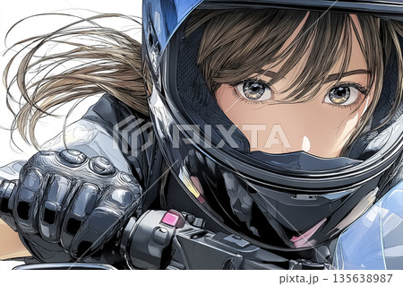 ヘルメット越しに前を見据える女性ライダー｜クールで力強いバイク