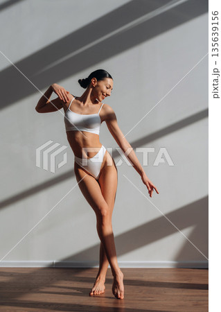 Amazing sunlight. Beautiful young woman with slim body type is indoors Amazing sunlight. Beautiful young woman with slim body type is indoors 135639156