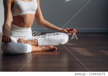Close up view of woman with slim body type indoors Close up view of woman with slim body type indoors 135639175