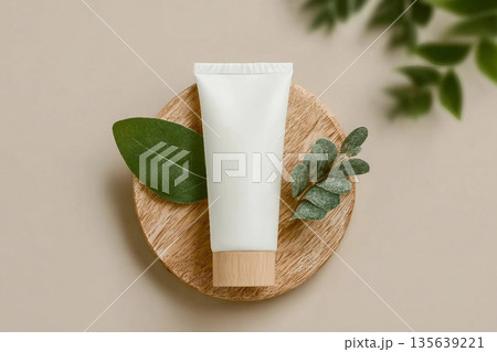 Mockup tube face cream on wooden stand with leaves, natural skin care cosmetics Mockup tube face cream on wooden stand with leaves, natural skin care cosmetics 135639221