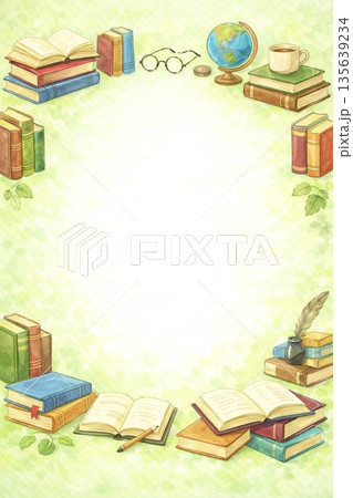 やさしい水彩の本フレーム 読書・学習ポスター背景 A4縦 135639234