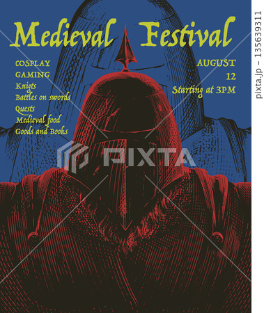 Medieval or renaissance knight in helmet standing. Festival poster in dark fantasy style. Hand drawn Medieval or renaissance knight in helmet standing. Festival poster in dark fantasy style. Hand drawn 135639311