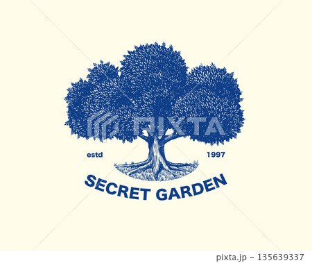 Sample logo idea for your company with old oak tree. Symbol of growth, stability and ecology. Hand Sample logo idea for your company with old oak tree. Symbol of growth, stability and ecology. Hand 135639337