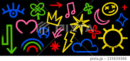 Grunge crayon kids scribble elements. Hand drawn colourful doodles with eye, crown and sun. Cute 135639366