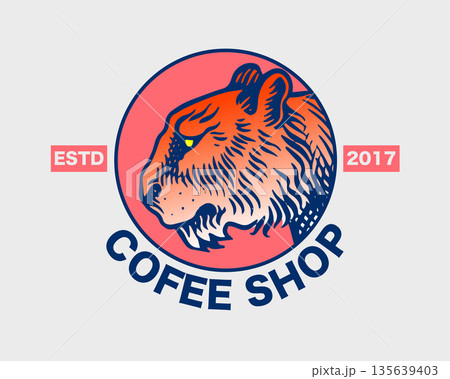 Sample emblem or logo idea with a tiger for your company coffee shop or sport team. Hand drawn Sample emblem or logo idea with a tiger for your company coffee shop or sport team. Hand drawn 135639403