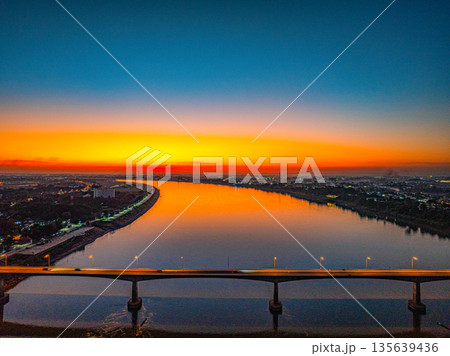 Stunning Sunset Over Friendship Bridge Aerial view 135639436