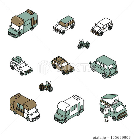 アウトドアや旅行シーンで使える車とバイクのイラスト素材セット 135639905