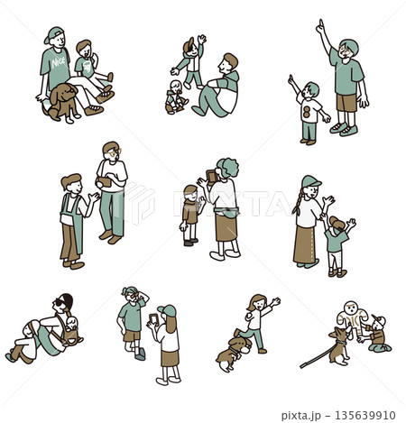 日常生活のさまざまな場面を描いた人物と犬のイラスト素材セット 135639910