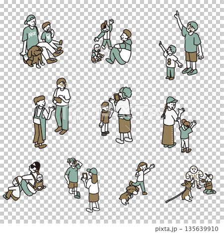 日常生活のさまざまな場面を描いた人物と犬のイラスト素材セット 135639910
