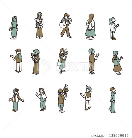 情報を確認したり発信したりする女性の人物イラスト素材セット 135639915