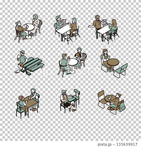 一組插圖，描繪了人們圍坐在桌旁討論的會議和諮詢場景。 135639917