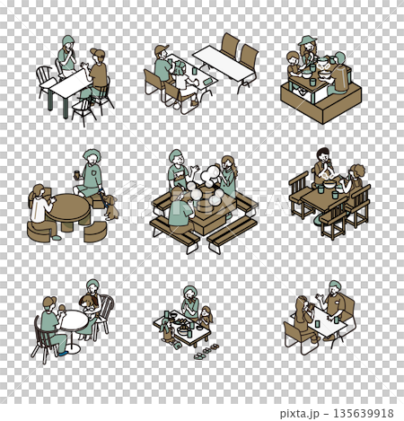 一組描繪人們圍坐在餐桌旁用餐和交談的日常場景的插畫。 135639918