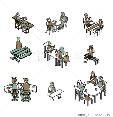 テーブルやベンチで座って過ごす人々の休憩・会話シーンのイラスト素材セット 135639919