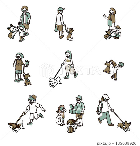 犬と飼い主の日常シーンを描いた人物イラスト素材セット 135639920