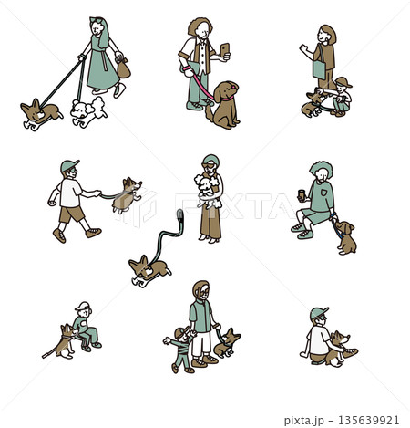 犬と飼い主の散歩やふれあいシーンを集めた人物イラスト素材セット 犬と飼い主の散歩やふれあいシーンを集めた人物イラスト素材セット 135639921