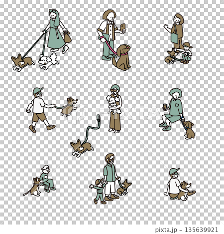 犬と飼い主の散歩やふれあいシーンを集めた人物イラスト素材セット 犬と飼い主の散歩やふれあいシーンを集めた人物イラスト素材セット 135639921