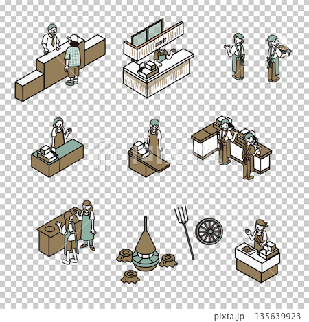 Illustration set of store clerks and customers serving customers at the cash register or counter Illustration set of store clerks and customers serving customers at the cash register or counter 135639923