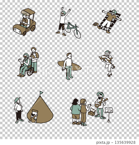 A set of illustrations depicting various scenes, including everyday life and leisure A set of illustrations depicting various scenes, including everyday life and leisure 135639928