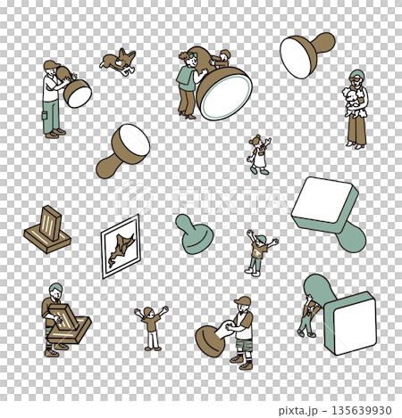 一組插圖，描繪了人們在各種活動和觀光中覆蓋各種印章的場景。 135639930