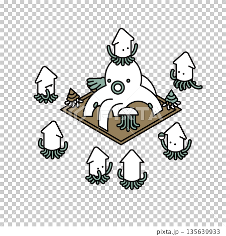 タコとイカのキャラクターをかわいく描いたイラスト素材 タコとイカのキャラクターをかわいく描いたイラスト素材 135639933