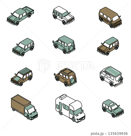 さまざまな種類の車をまとめたシンプルなイラスト素材セット さまざまな種類の車をまとめたシンプルなイラスト素材セット 135639936