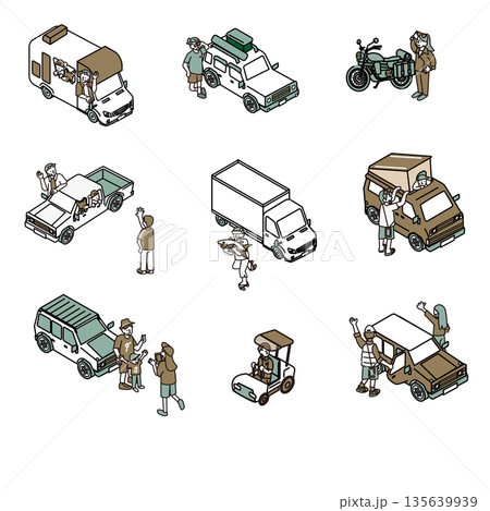 アウトドアシーンで使える車と人物の組み合わせイラスト素材セット 135639939