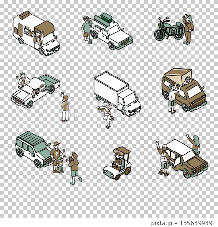 アウトドアシーンで使える車と人物の組み合わせイラスト素材セット 135639939