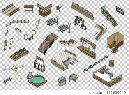 公園や屋外施設で使われるさまざまな設備・什器のイラスト素材セット 公園や屋外施設で使われるさまざまな設備・什器のイラスト素材セット 135639940