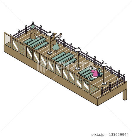海が見える展望デッキでくつろぐ人々のイラスト素材 135639944