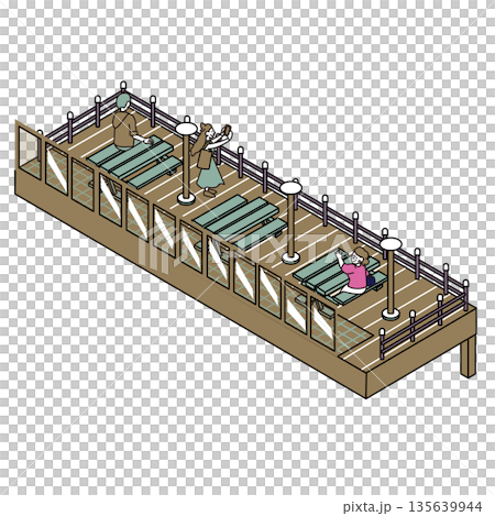海が見える展望デッキでくつろぐ人々のイラスト素材 135639944