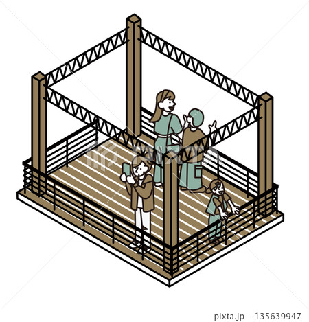 屋外の展望デッキやステージで過ごす人々を描いたイラスト素材 135639947