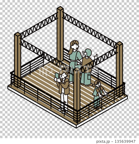 Illustrations depicting people spending time on an outdoor observation deck or stage Illustrations depicting people spending time on an outdoor observation deck or stage 135639947