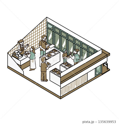 観光施設や公共施設の食堂で食事を楽しむ人々のイラスト素材 観光施設や公共施設の食堂で食事を楽しむ人々のイラスト素材 135639953
