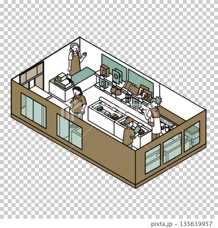 旅遊設施中商店和咖啡館為顧客服務和購物的人們的插圖素材。 135639957