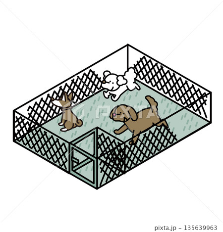 公園や施設にあるドッグランで遊ぶ犬たちのイラスト素材 135639963