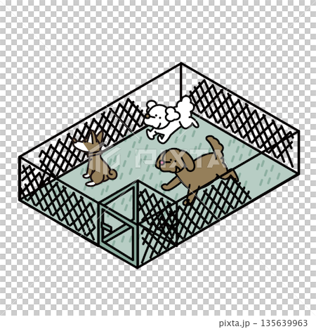 公園や施設にあるドッグランで遊ぶ犬たちのイラスト素材 135639963