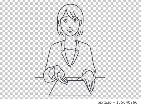 一位身穿西裝的女士展示一份文件並進行交談。只有台詞。 135640266