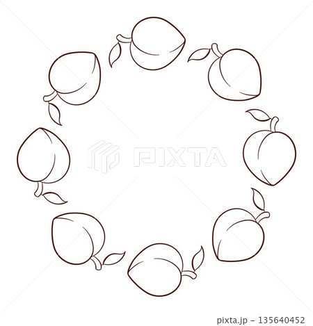 Peach fruit wreath in line art style isolated on a white background. 135640452