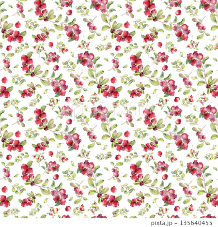 Watercolor beautiful plants with fresh berry seamless pattern isolated white. Lingonberry, cranberry hand drawn on endless background. Botanical repeat with red berry and foliage for textile design. 135640455